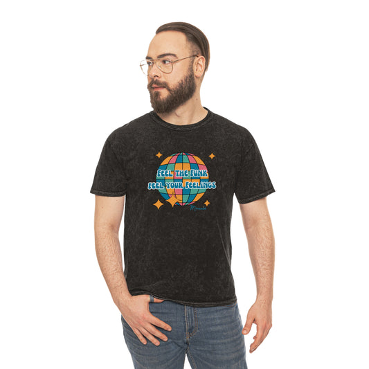 Feel The Funk Disco T‑Shirt — Retro Globe Graphic, "Feel The Funk Feel Your Feelings" Mineral Wash